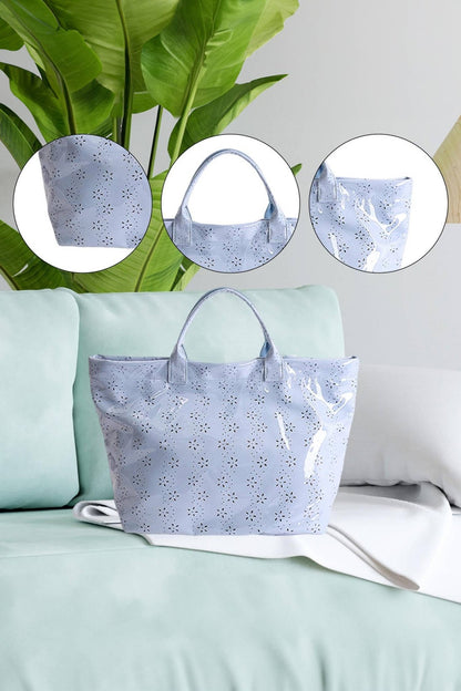 LDC Eyelet Flower Pattern PVC Glossy Waterproof Tote Bag: Color black / One Size - Bria Blair Creative
