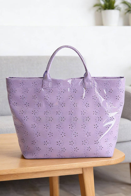 LDC Eyelet Flower Pattern PVC Glossy Waterproof Tote Bag: Color black / One Size - Bria Blair Creative