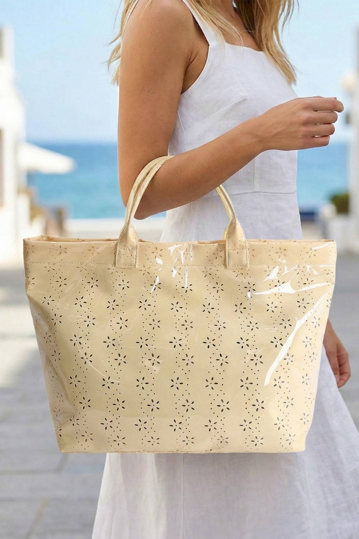 LDC Eyelet Flower Pattern PVC Glossy Waterproof Tote Bag: Color black / One Size - Bria Blair Creative