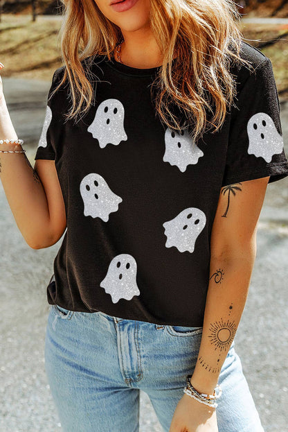 LDC Glitter Ghost Pattern Crew Neck Halloween Graphic Shirt: Black / S - Bria Blair Creative