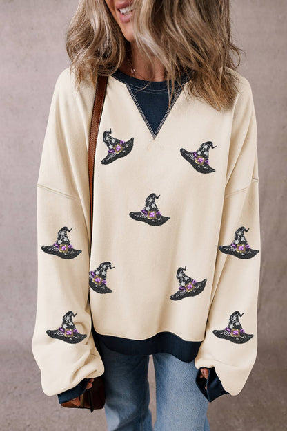 LDC Halloween Witch Hat Patched Colorblock Sweatshirt: Beige / S - Bria Blair Creative