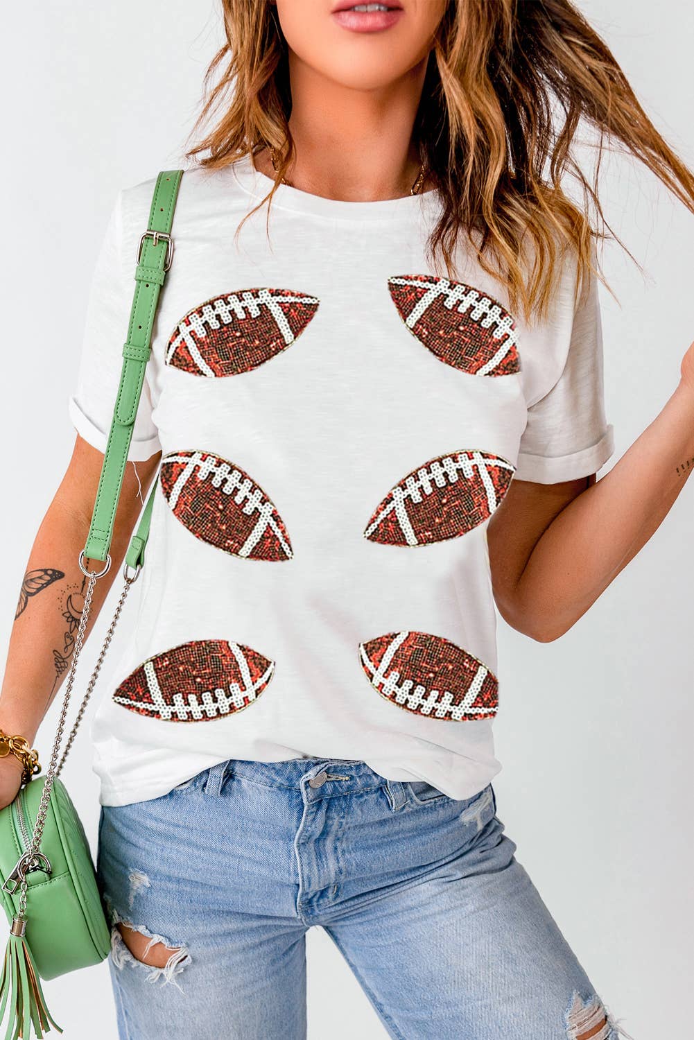 LDC Sequined Rugby Football Graphic Cotton T Shirt: White / S - Bria Blair Creative