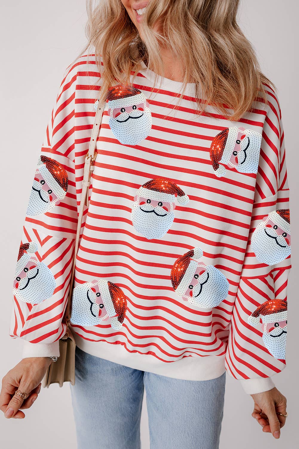 LDC Striped Sequin Santa Claus Christmas Pullover Sweatshirt: Orange Stripe / L - Bria Blair Creative