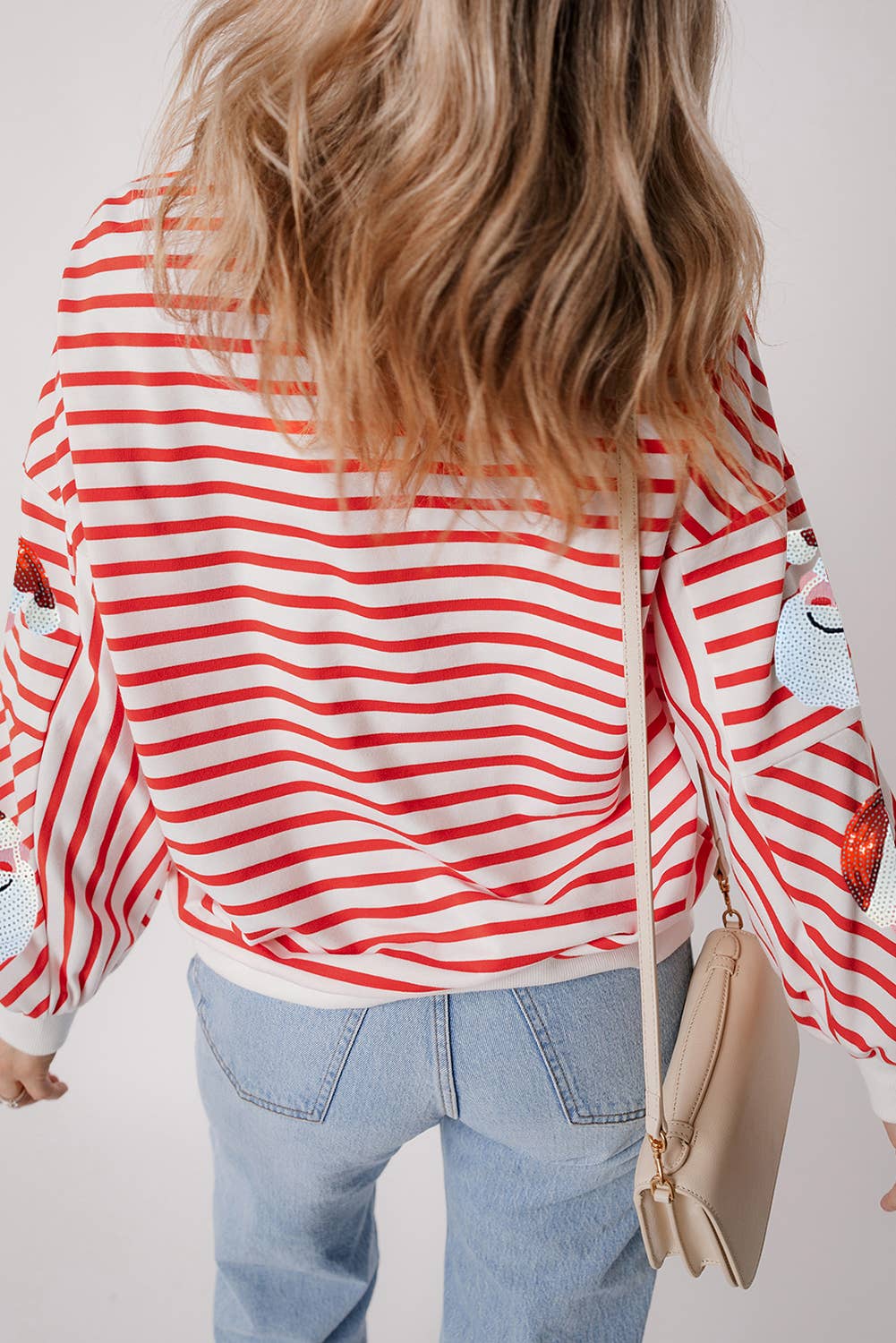 LDC Striped Sequin Santa Claus Christmas Pullover Sweatshirt: Orange Stripe / S - Bria Blair Creative