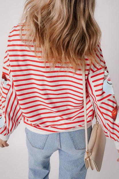 LDC Striped Sequin Santa Claus Christmas Pullover Sweatshirt: Orange Stripe / S - Bria Blair Creative