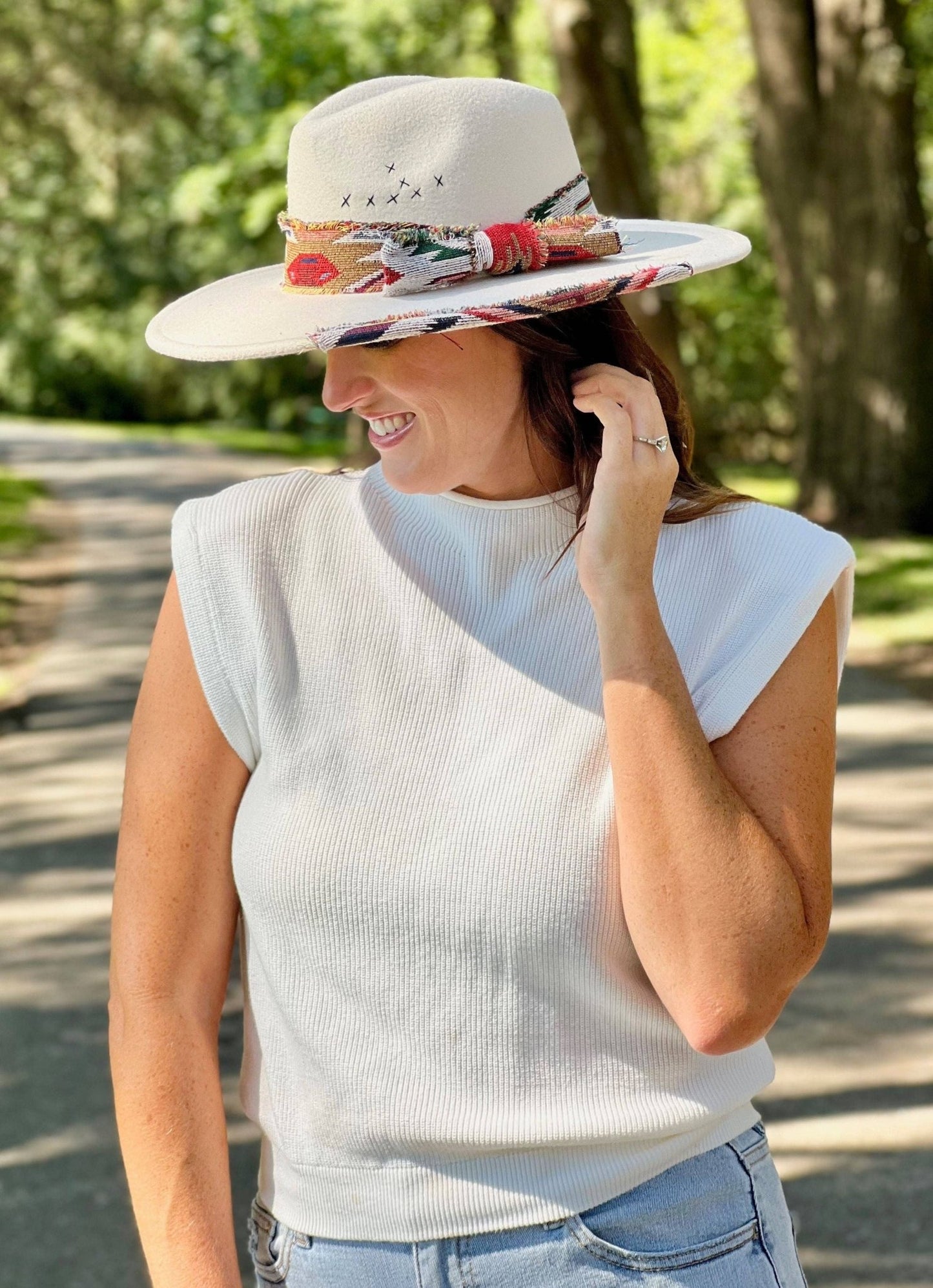 Lucie Hat with Aztec Accents IVORY: Default - Bria Blair Creative