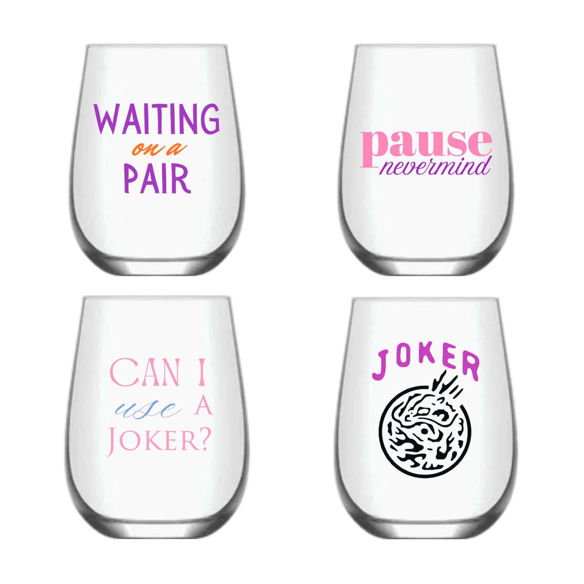 Mahjong Stemless 4 ct VARIETY Gift Set Plastic Wine Glasses - Bria Blair Creative