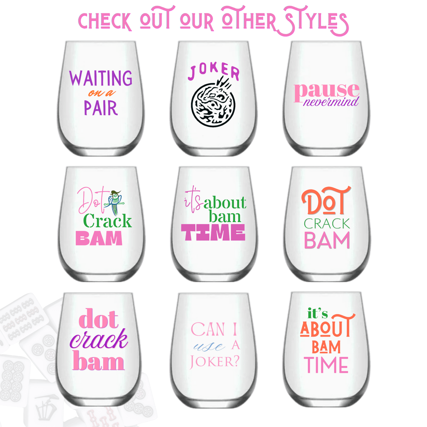 Mahjong Stemless 4 ct VARIETY Gift Set Plastic Wine Glasses - Bria Blair Creative