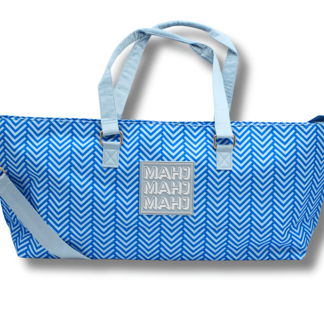 MAHJONG TOTE BAG | Wide with Zipper Closure: IKAT - Blue Tote Bag - Bria Blair Creative