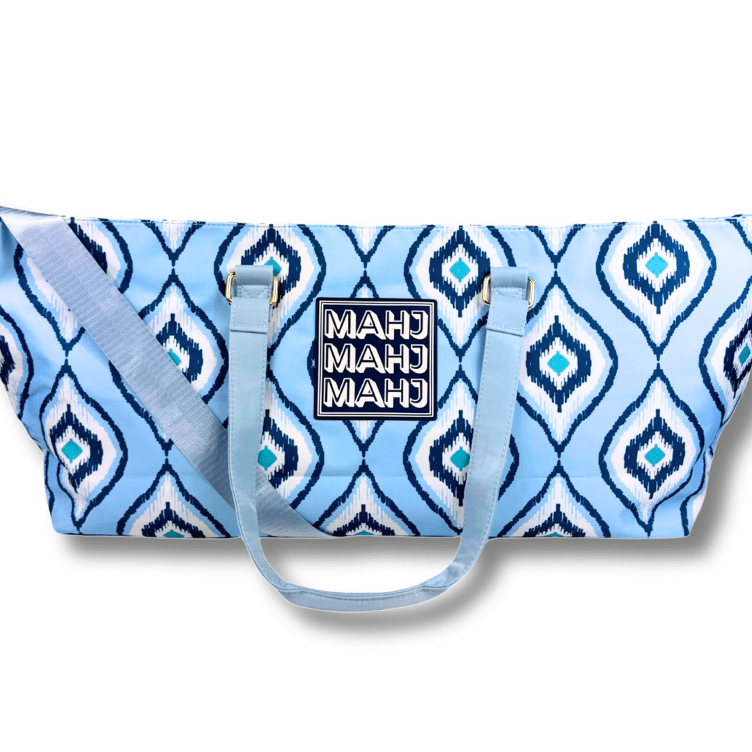 MAHJONG TOTE BAG | Wide with Zipper Closure: IKAT - Blue Tote Bag - Bria Blair Creative