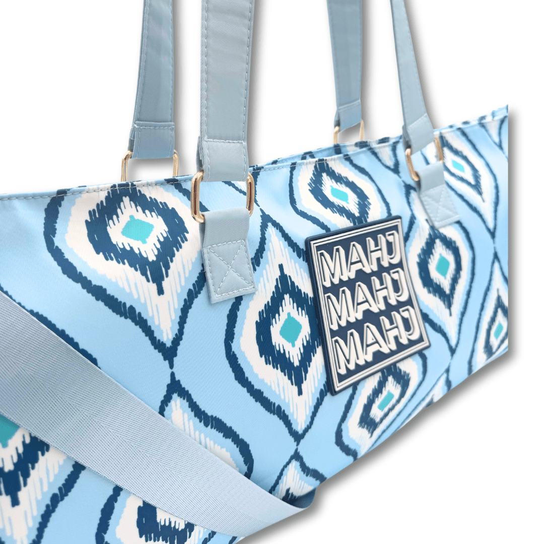 MAHJONG TOTE BAG | Wide with Zipper Closure: IKAT - Blue Tote Bag - Bria Blair Creative