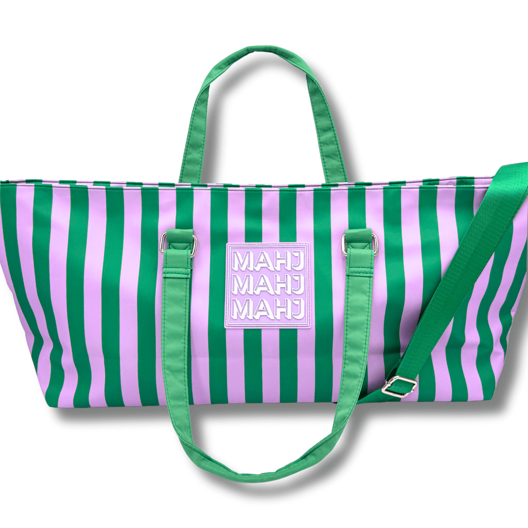 MAHJONG TOTE BAG | Wide with Zipper Closure: Stripes - Pink & Red Tote Bag - Bria Blair Creative