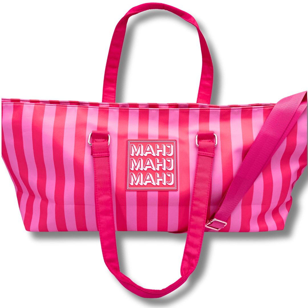 MAHJONG TOTE BAG | Wide with Zipper Closure: Stripes - Pink & Red Tote Bag - Bria Blair Creative