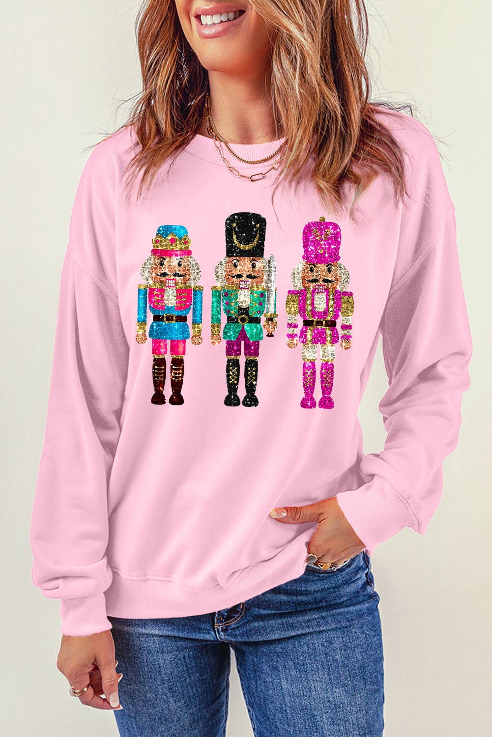 Medium Nutcracker Printed Drop Shoulder Christmas Sweatshirt: Pink - Bria Blair Creative