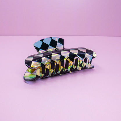 Medium Round Iridescent Checkered Hair Claw Clip: Black - Bria Blair Creative