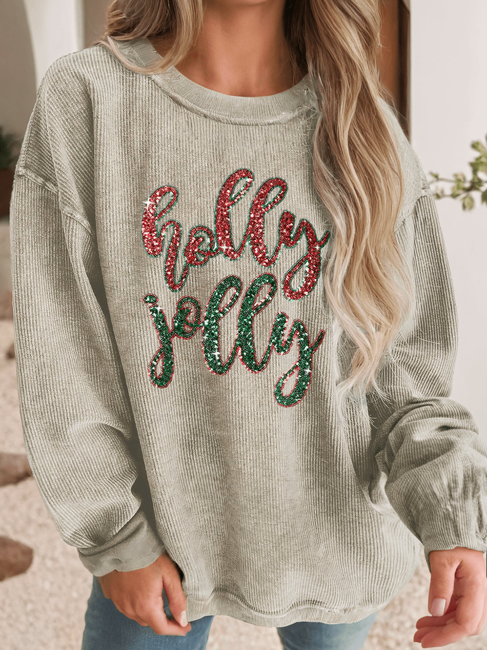 Medium Sequined holly jolly Graphic Corded Sweatshirt - Bria Blair Creative