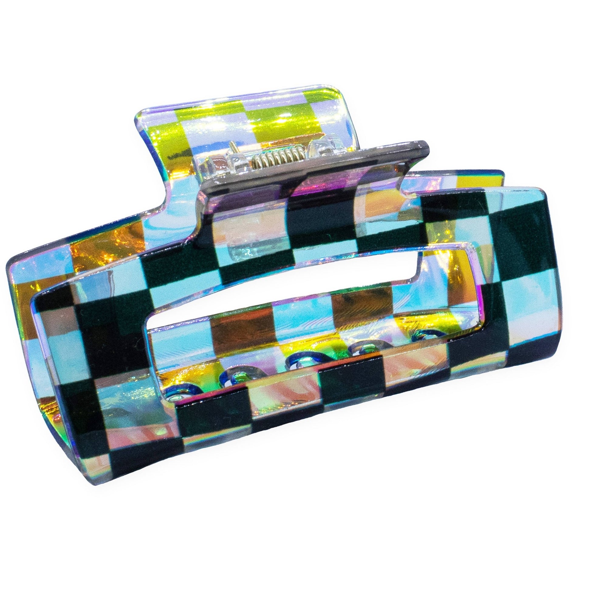 Medium Square Iridescent Checkered Hair Claw Clip: Black - Bria Blair Creative