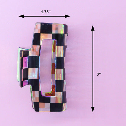 Medium Square Iridescent Checkered Hair Claw Clip: Black - Bria Blair Creative