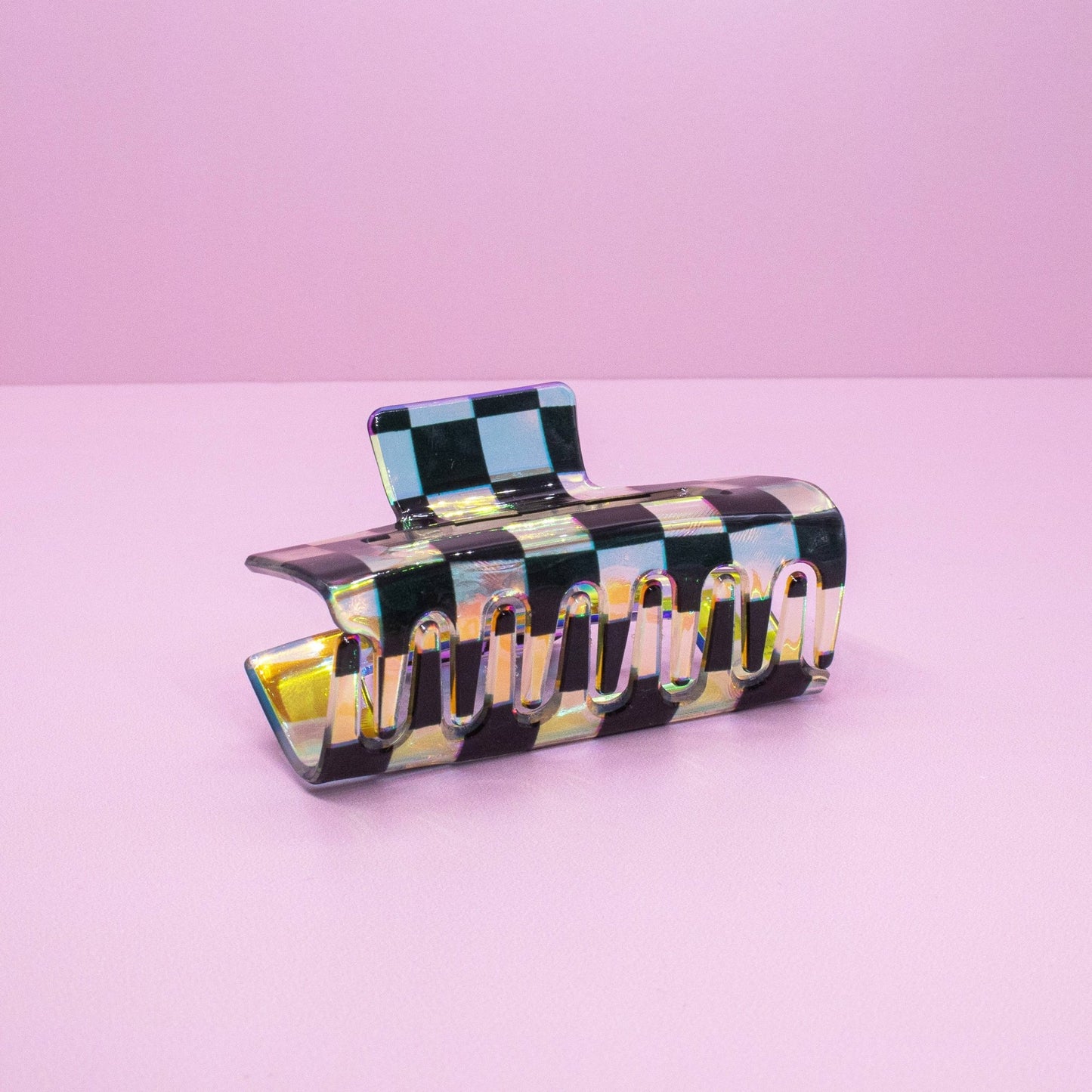 Medium Square Iridescent Checkered Hair Claw Clip: Black - Bria Blair Creative