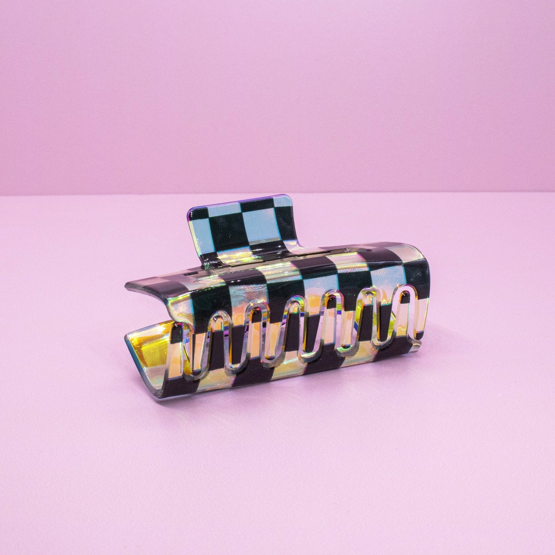 Medium Square Iridescent Checkered Hair Claw Clip: Black - Bria Blair Creative