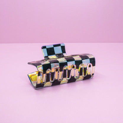 Medium Square Iridescent Checkered Hair Claw Clip: Black - Bria Blair Creative