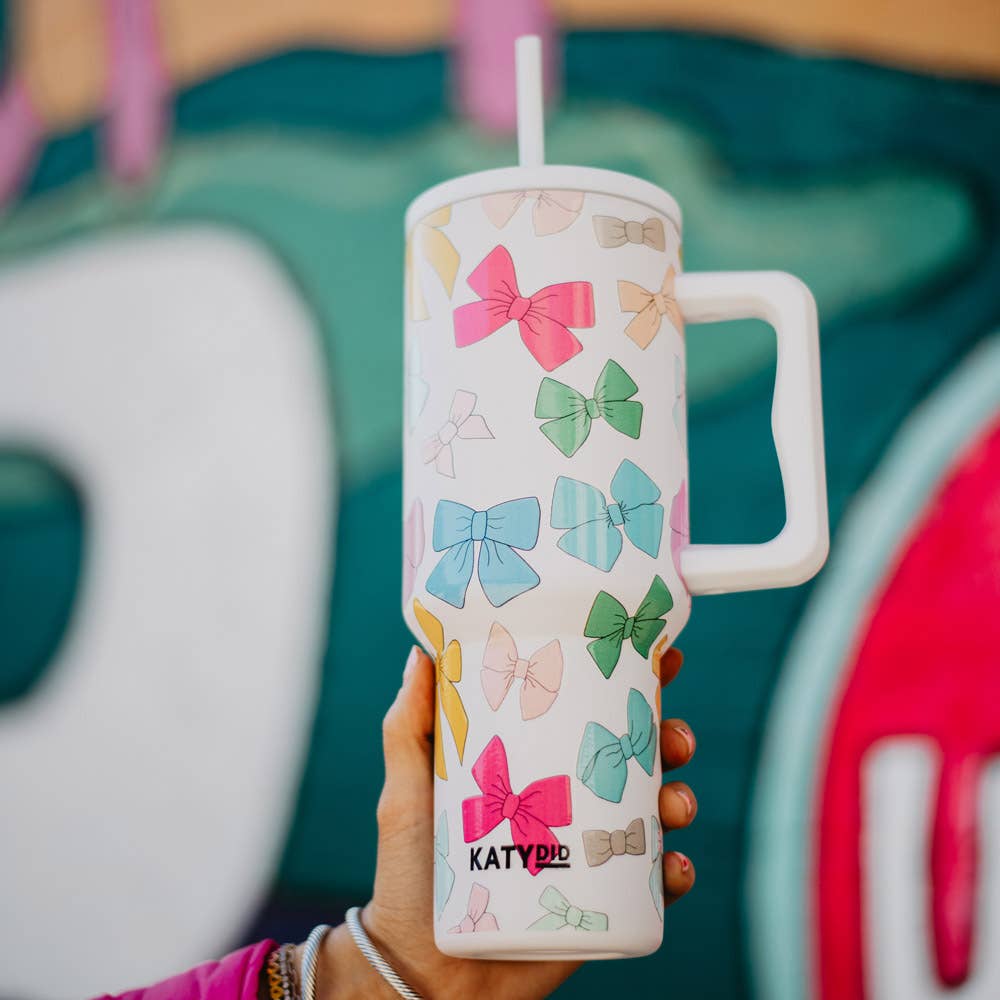 Multicolored Coquette Bows 38 Oz Tumbler w/ Handle: White - Bria Blair Creative