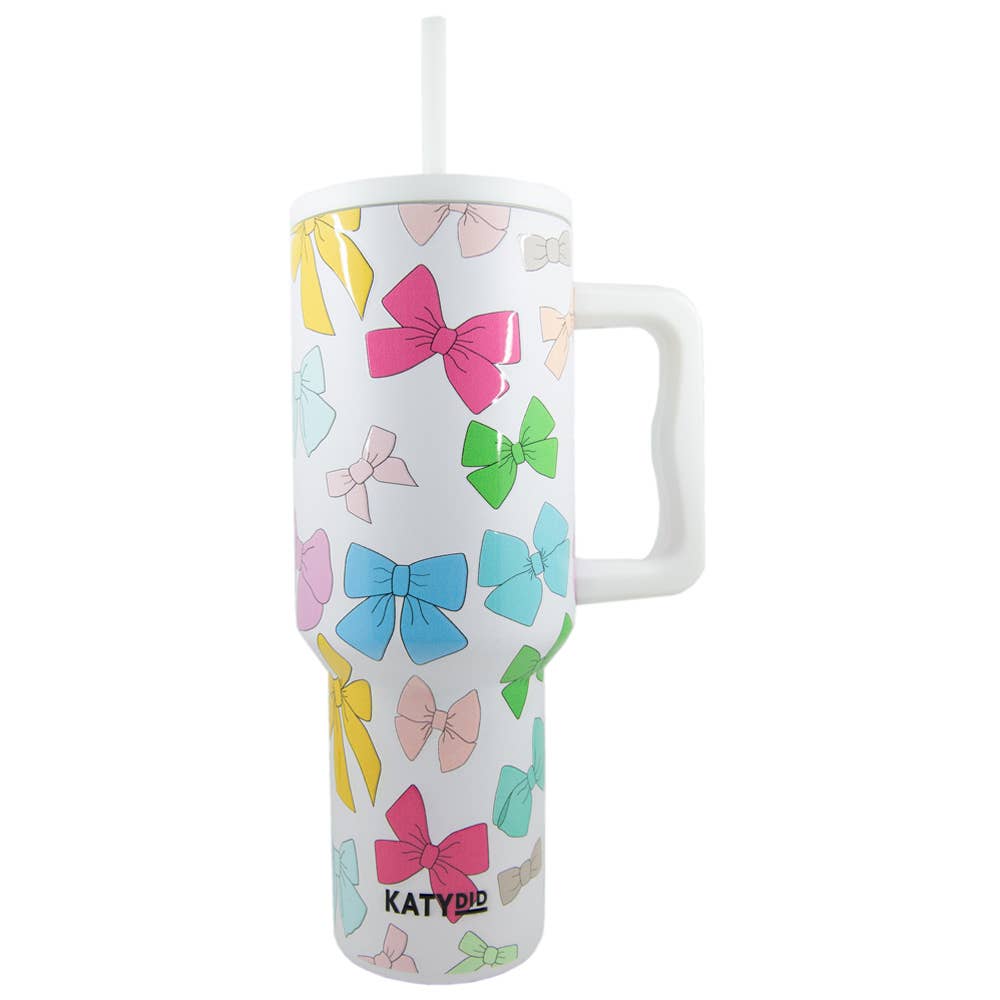Multicolored Coquette Bows 38 Oz Tumbler w/ Handle: White - Bria Blair Creative