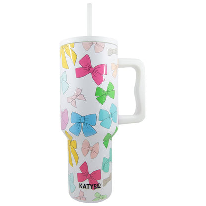 Multicolored Coquette Bows 38 Oz Tumbler w/ Handle: White - Bria Blair Creative