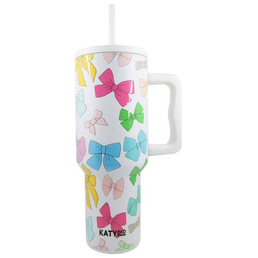 Multicolored Coquette Bows 38 Oz Tumbler w/ Handle: White - Bria Blair Creative