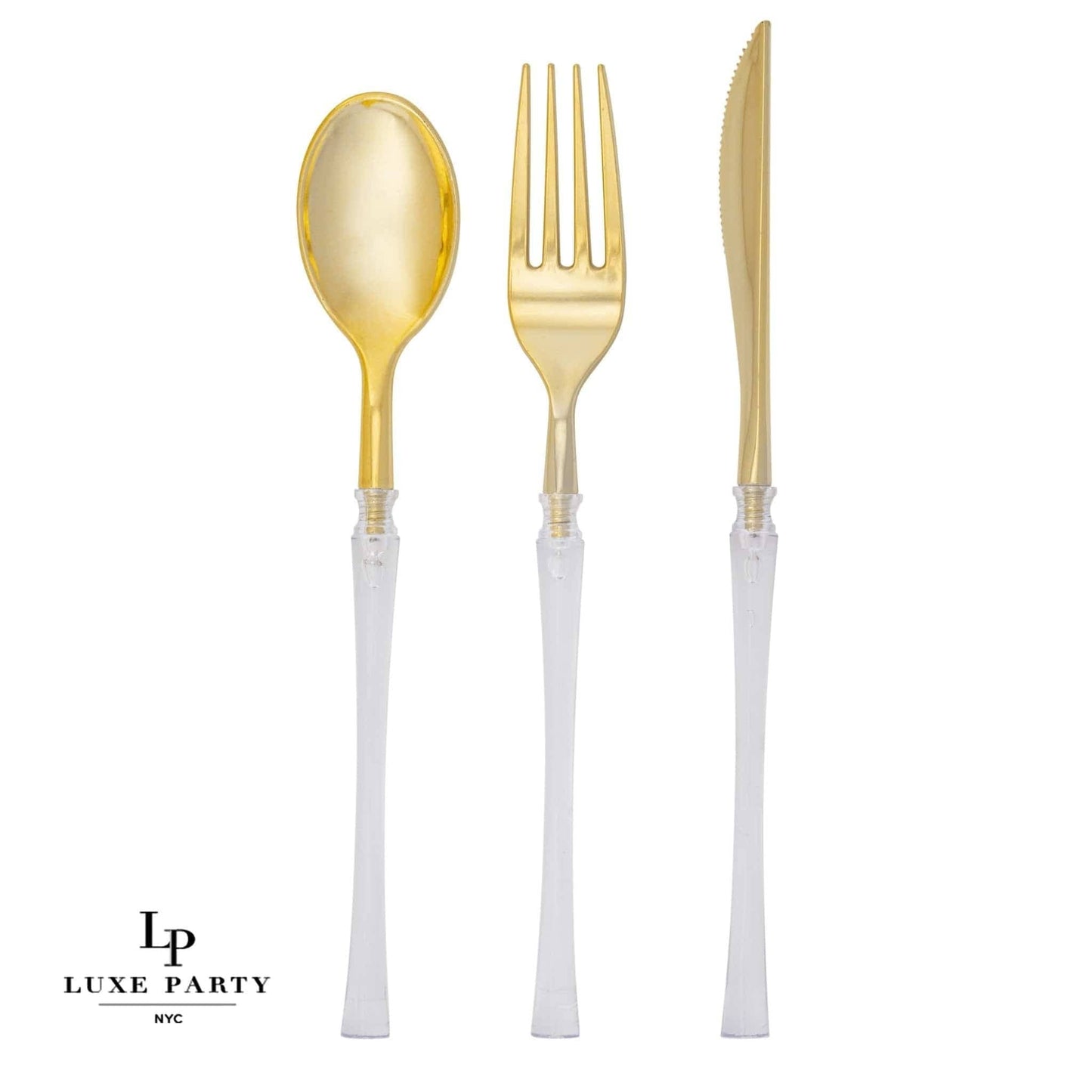 Neo Classic Clear and Gold Plastic Cutlery Set | 32 Pieces - Bria Blair Creative