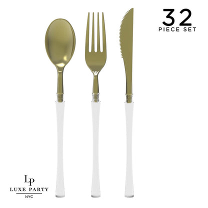 Neo Classic Clear and Gold Plastic Cutlery Set | 32 Pieces - Bria Blair Creative