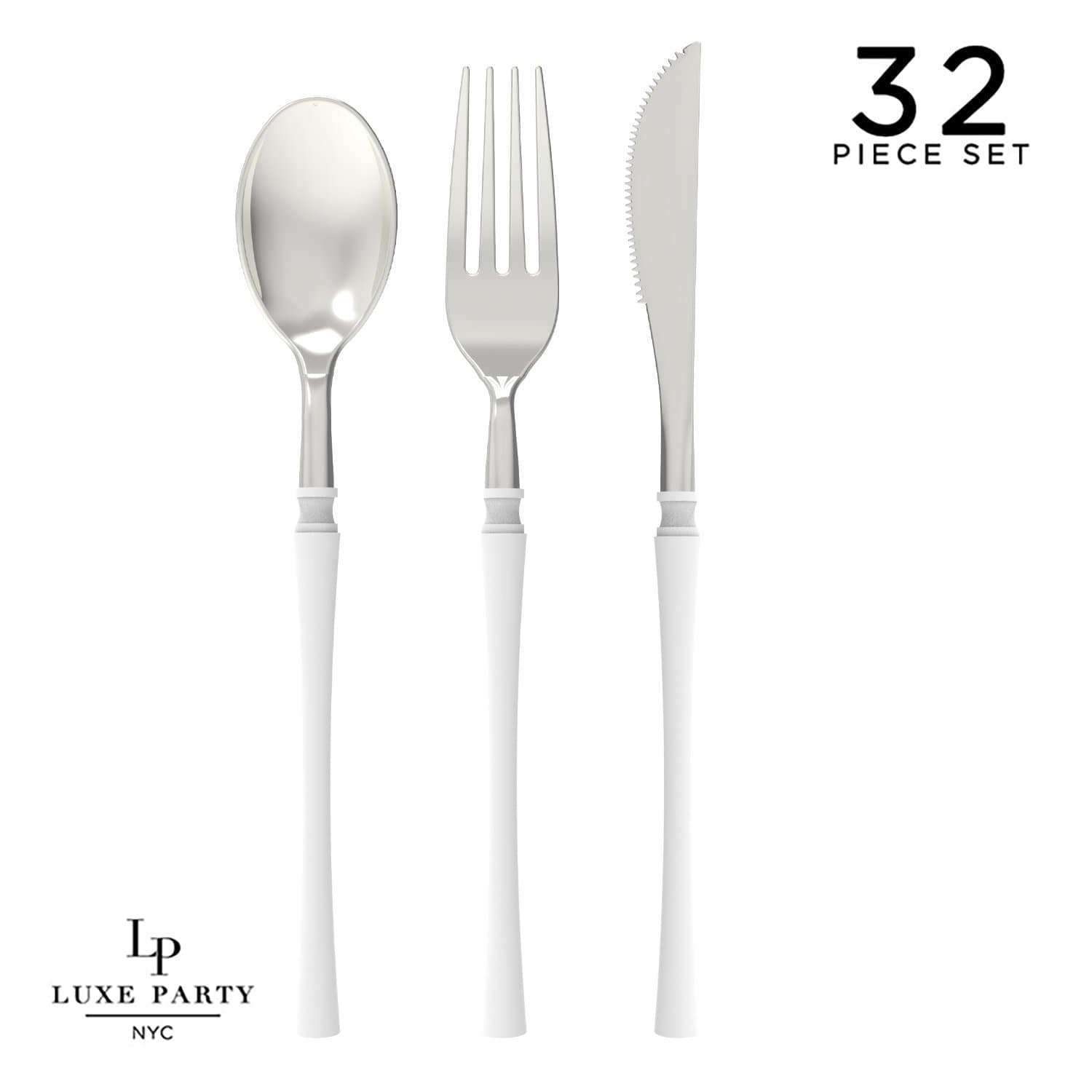 Neo Classic White • Silver Plastic Cutlery Set | 32 Pieces - Bria Blair Creative