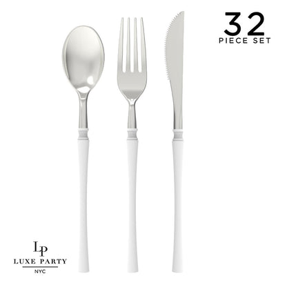 Neo Classic White • Silver Plastic Cutlery Set | 32 Pieces - Bria Blair Creative