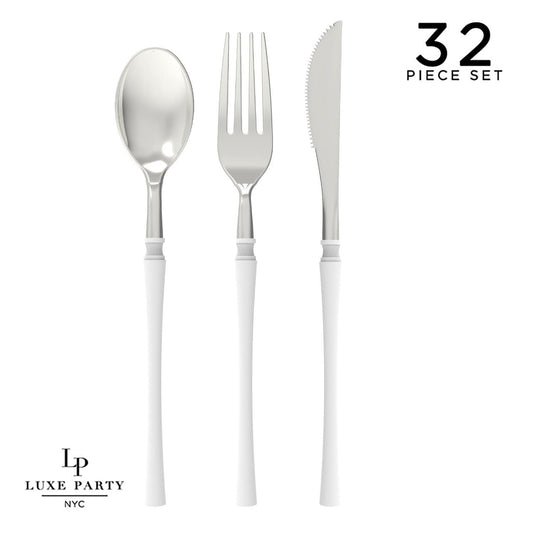 Neo Classic White • Silver Plastic Cutlery Set | 32 Pieces - Bria Blair Creative