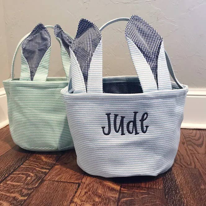 Personalized Embroidered Easter Bunny Ear Baskets: Blue - Bria Blair Creative