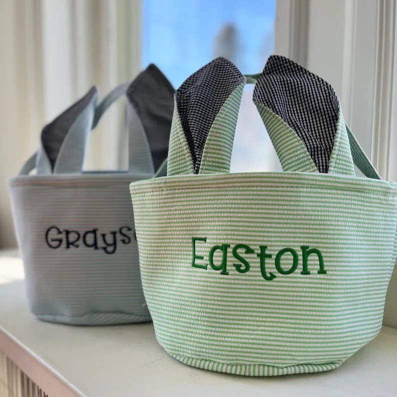 Personalized Embroidered Easter Bunny Ear Baskets: Green - Bria Blair Creative