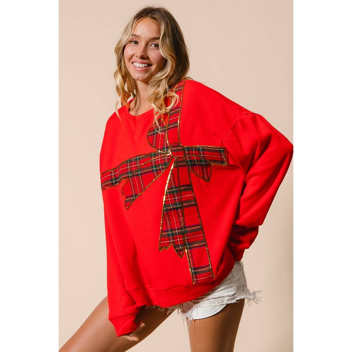 Plaid Ribbon Bow Detail Christmas Fleece Pullover: RED/RED PLAID / S - M - L - XL(2 - 2 - 2 - 2) - Bria Blair Creative