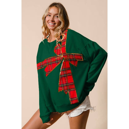 Plaid Ribbon Bow Detail Christmas Fleece Pullover: RED/RED PLAID / S - M - L - XL(2 - 2 - 2 - 2) - Bria Blair Creative