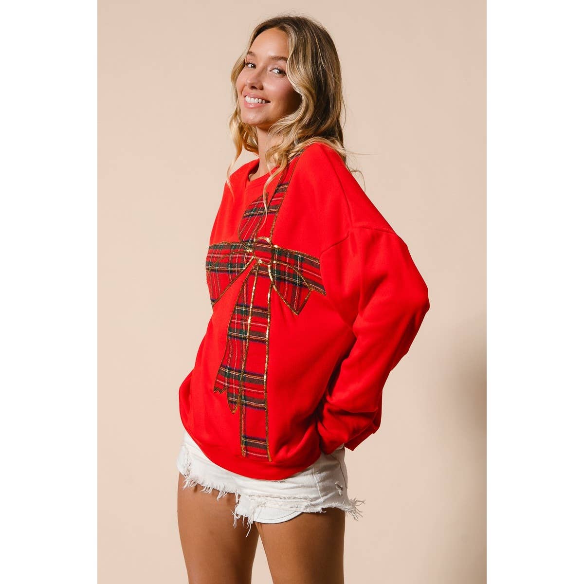 Plaid Ribbon Bow Detail Christmas Fleece Pullover: RED/RED PLAID / S - M - L - XL(2 - 2 - 2 - 2) - Bria Blair Creative
