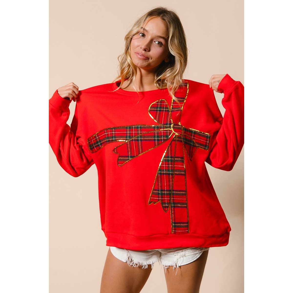 Plaid Ribbon Bow Detail Christmas Fleece Pullover: RED/RED PLAID / S - M - L - XL(2 - 2 - 2 - 2) - Bria Blair Creative