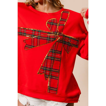 Plaid Ribbon Bow Detail Christmas Fleece Pullover: RED/RED PLAID / S - M - L - XL(2 - 2 - 2 - 2) - Bria Blair Creative