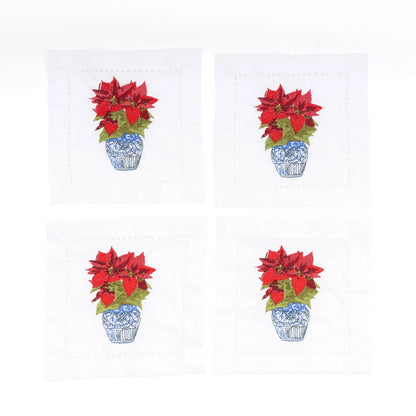 Poinsettias Embroidered Cocktail Napkin Boxed Set - Bria Blair Creative