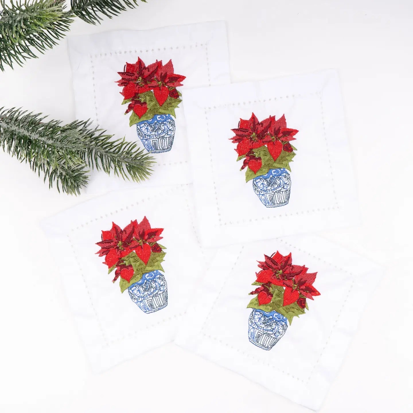 Poinsettias Embroidered Cocktail Napkin Boxed Set - Bria Blair Creative