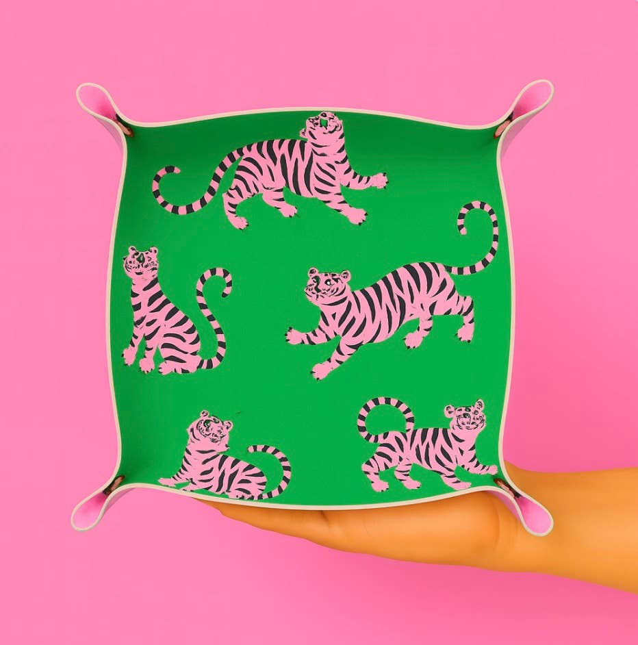 Preppy tiger pink trinket gift tray | green pink tiger - Bria Blair Creative
