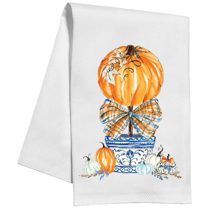 Pumpkin Topiary Orange and Blue Plaid Bow Kitchen Towel - Bria Blair Creative