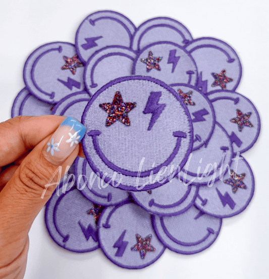 Purple glitter star bolt smiley face patch iron on - Bria Blair Creative