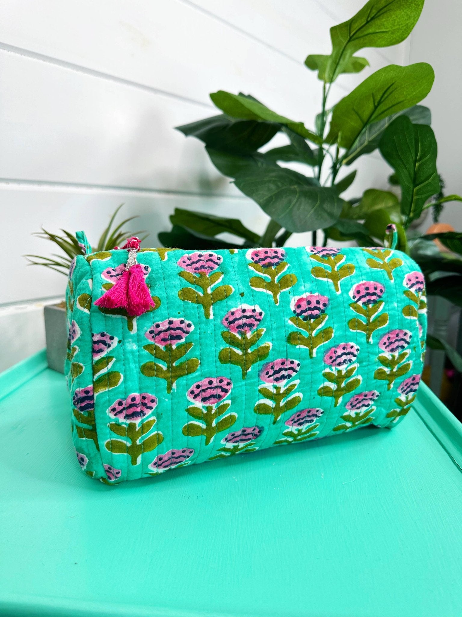 Quilted Makeup Bags | Cosmetic Toiletry Bag | Aqua Floral - Bria Blair Creative
