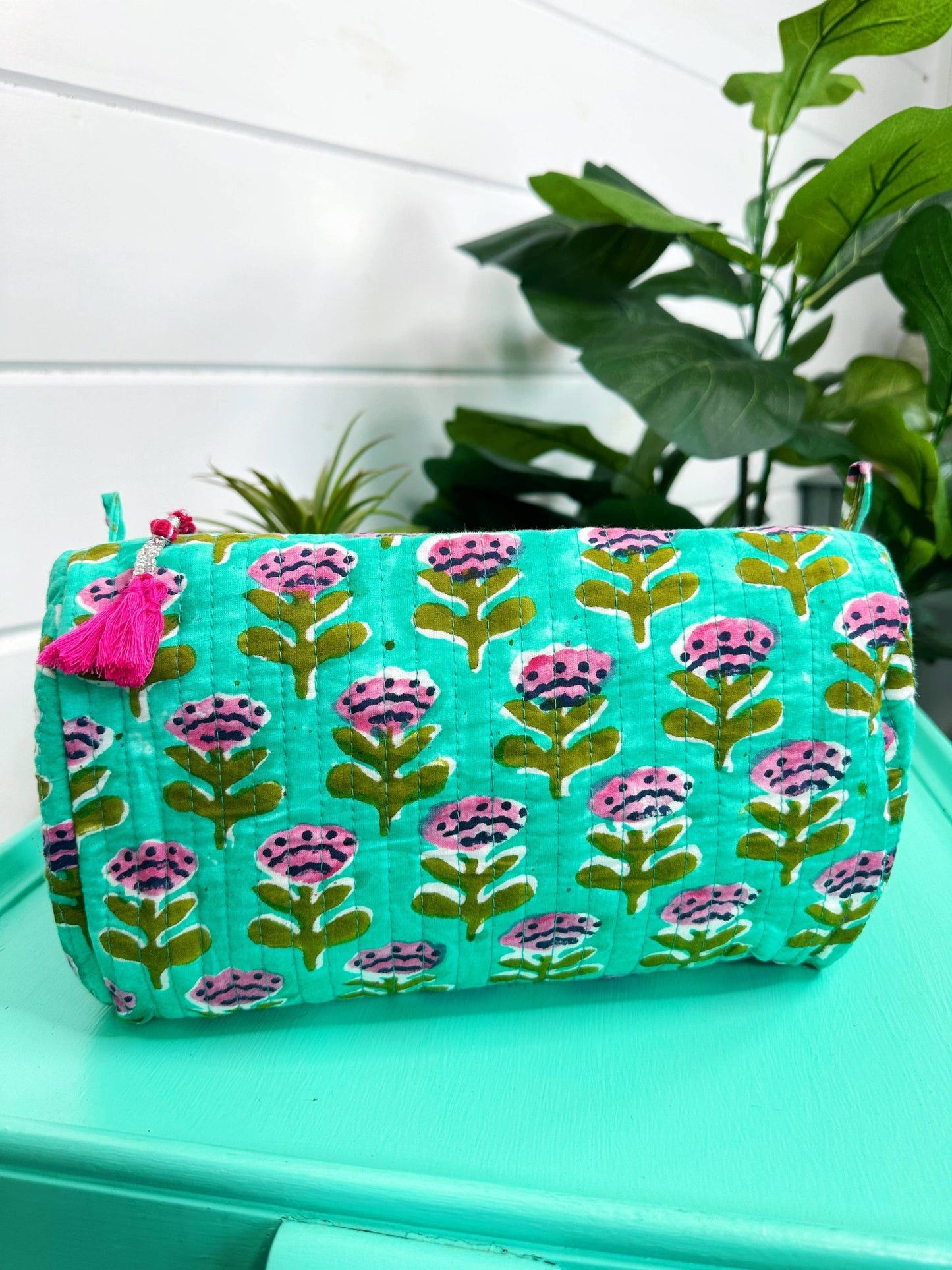 Quilted Makeup Bags | Cosmetic Toiletry Bag | Aqua Floral - Bria Blair Creative