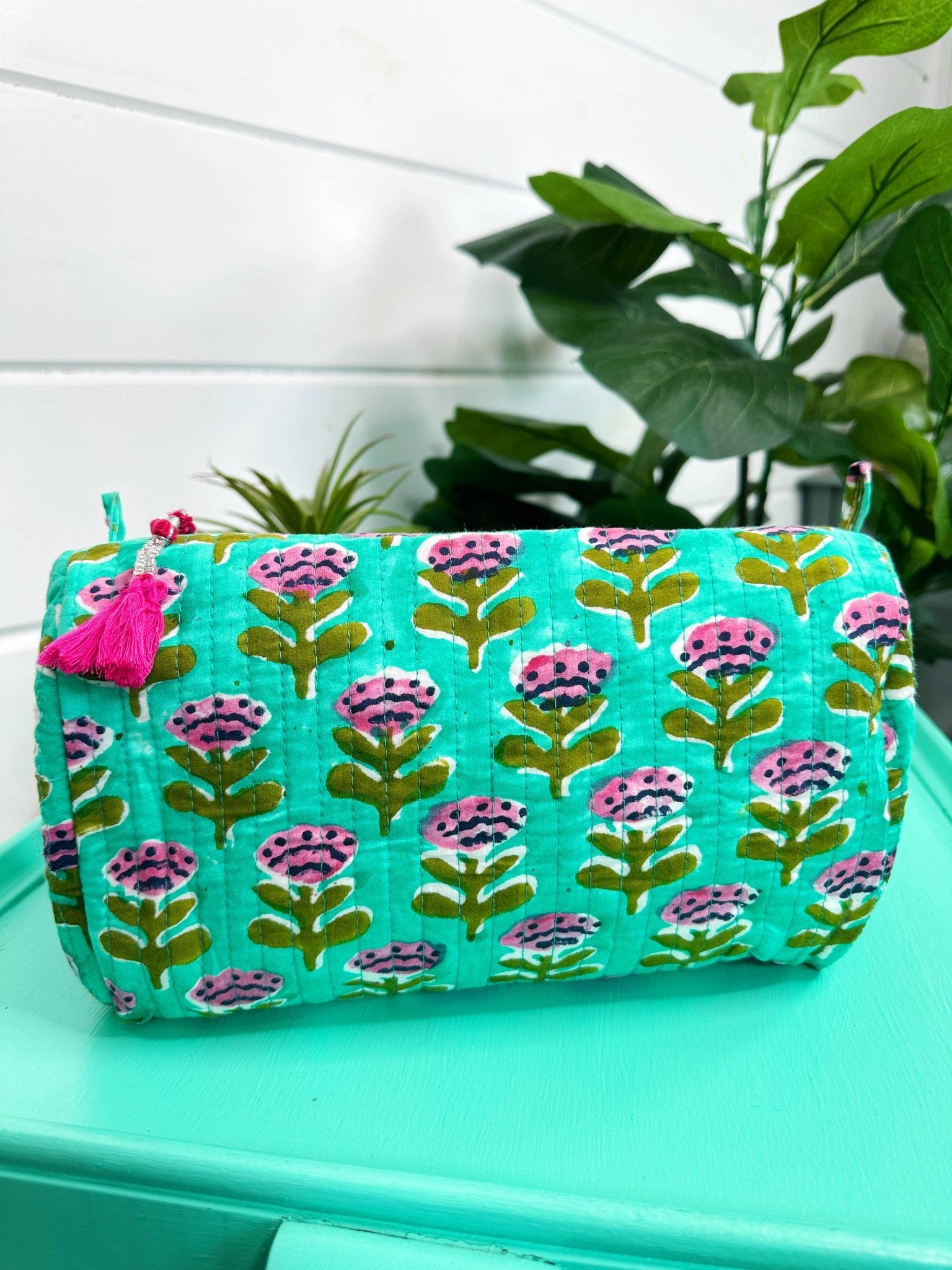 Quilted Makeup Bags | Cosmetic Toiletry Bag | Aqua Floral - Bria Blair Creative