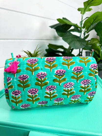 Quilted Makeup Bags | Cosmetic Toiletry Bag | Aqua Floral - Bria Blair Creative